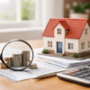 Miniatura de una vivienda junto a monedas y documentos, representando la valoración de una vivienda