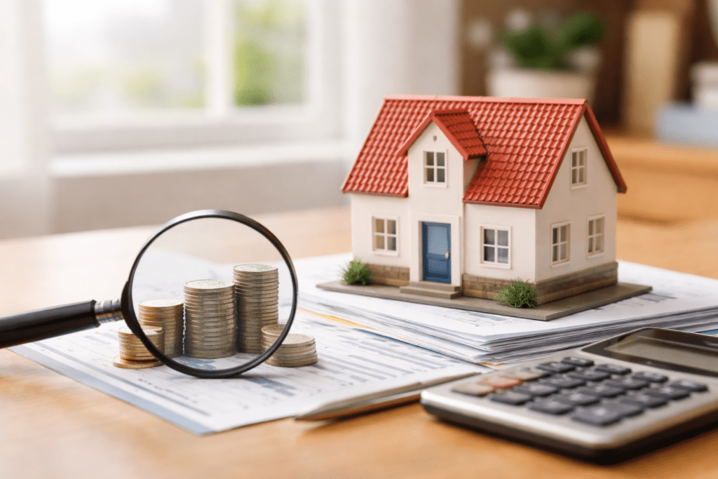 Miniatura de una vivienda junto a monedas y documentos, representando la valoración de una vivienda