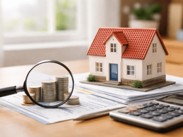 Miniatura de una vivienda junto a monedas y documentos, representando la valoración de una vivienda